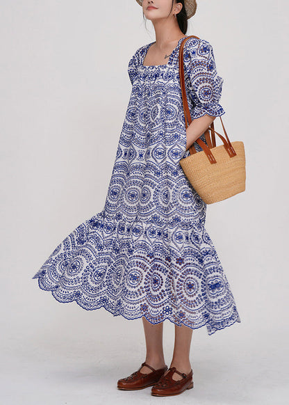 Fine Blue Square Collar Embroidered Cotton Maxi Dresses Summer