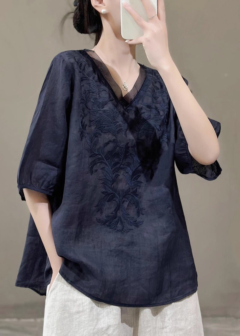 Nwe Purple V Neck Embroidered Linen Top Summer