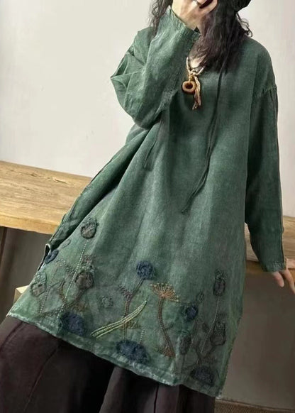 Yellow Stripes V Neck Embroidered Patchwork Linen Mid Dresses Fall