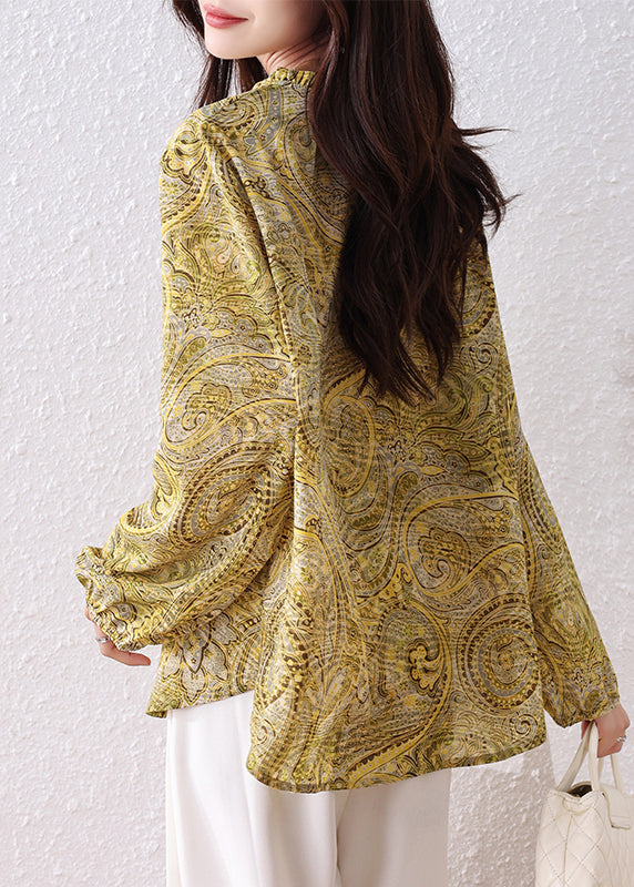 Yellow Ruffled Print Chiffon Shirt Top Fall