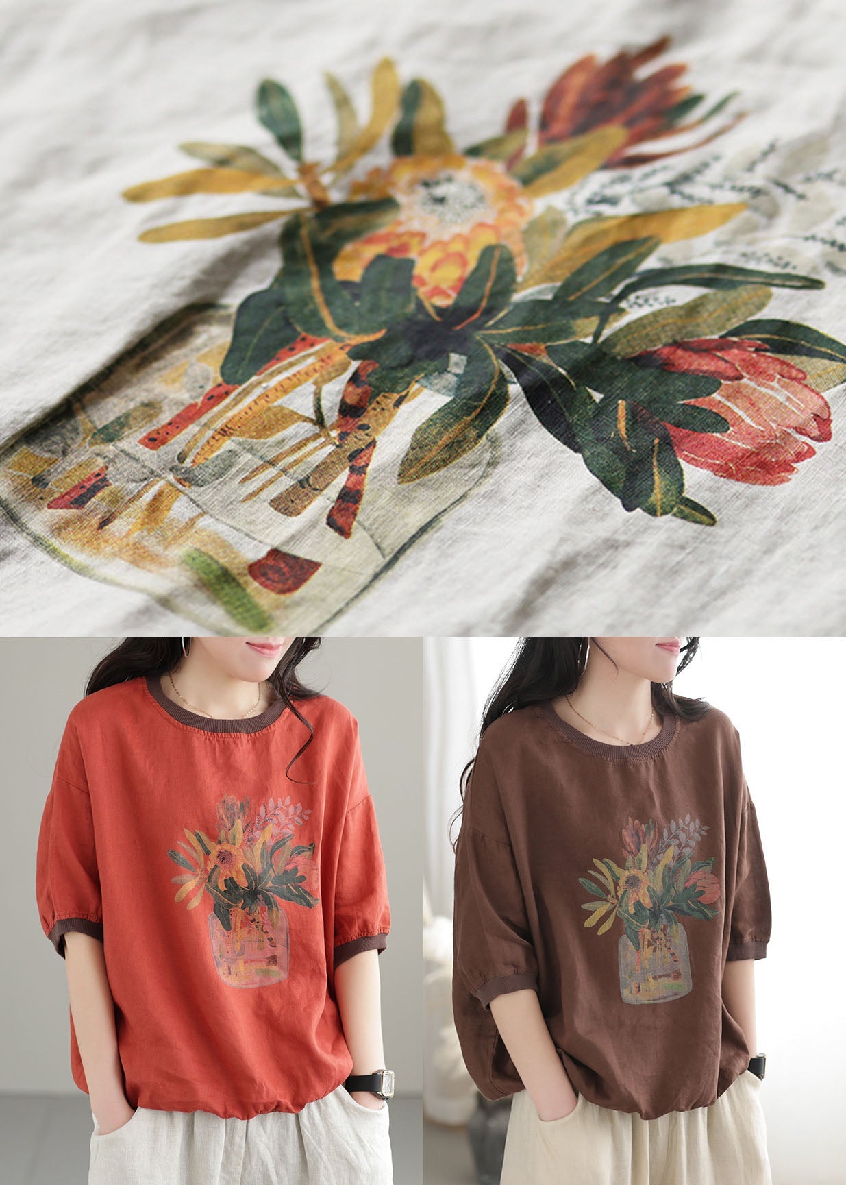 Chocolate O-neck Oversized Print Linen Tanks Short Sleeve