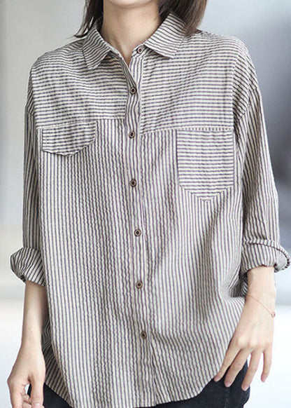 Grey Peter Pan Collar Button Striped Shirts Spring