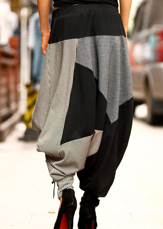 Loose Black Grey Patchwork Striped Drawstring Pants Spring