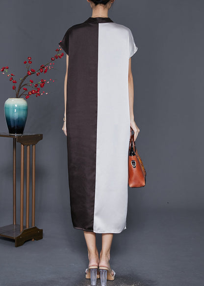 Colorblock Bow Neck Patchwork Silk Long Dresses Summer