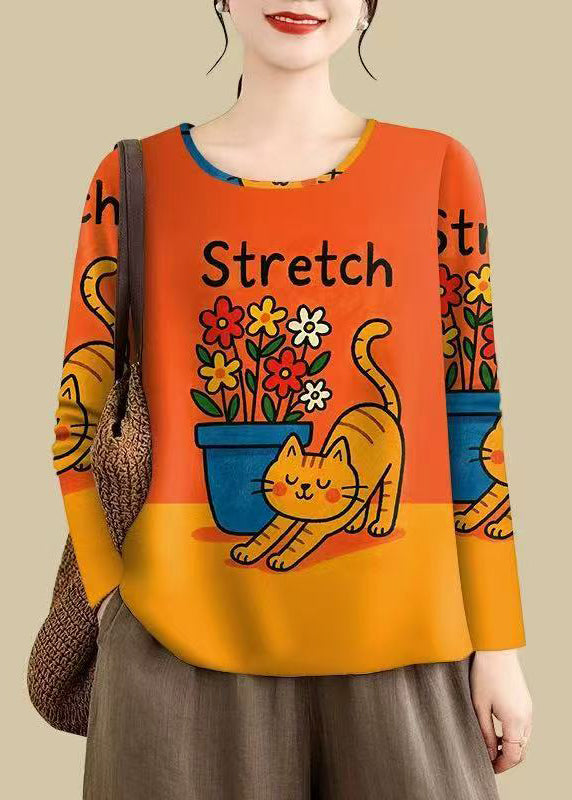 Orange Cat Novelty Oversized Print Cotton Shirts Fall