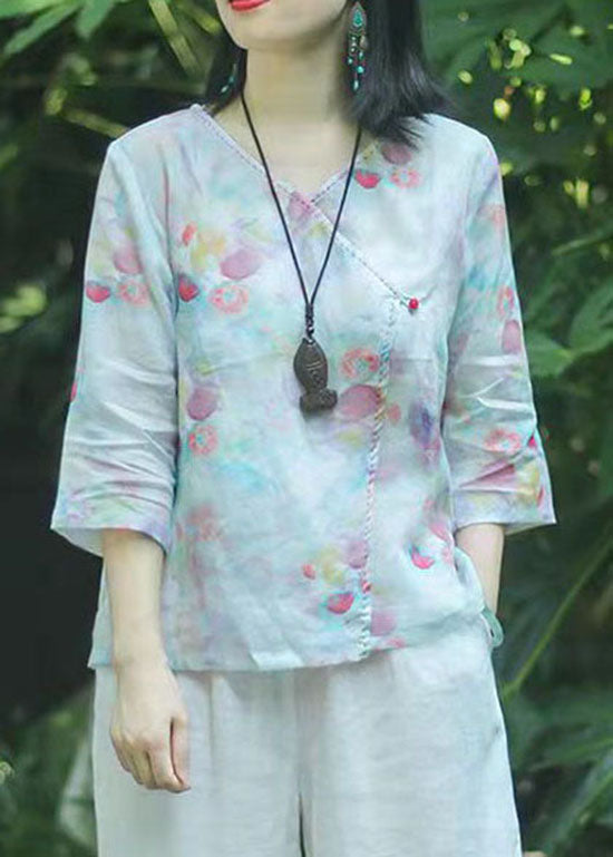 Oriental Light Green Button V Neck Print Tops Spring