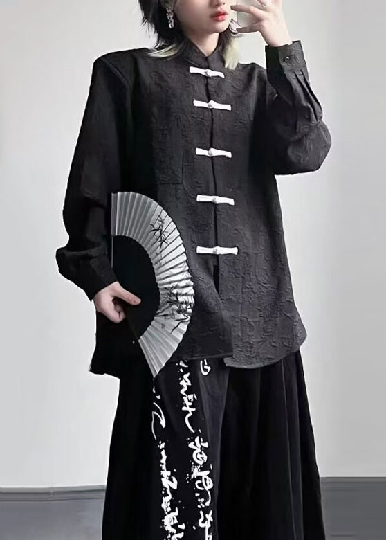 Black Stand Collar Chinese Button Patchwork Cotton Top Fall