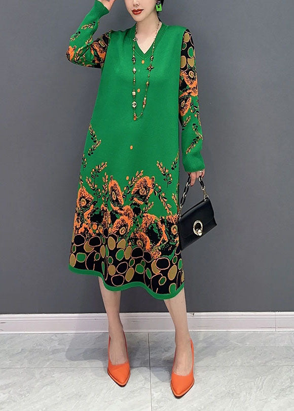 Simple Green V Neck Print Knit a Line Dress Spring