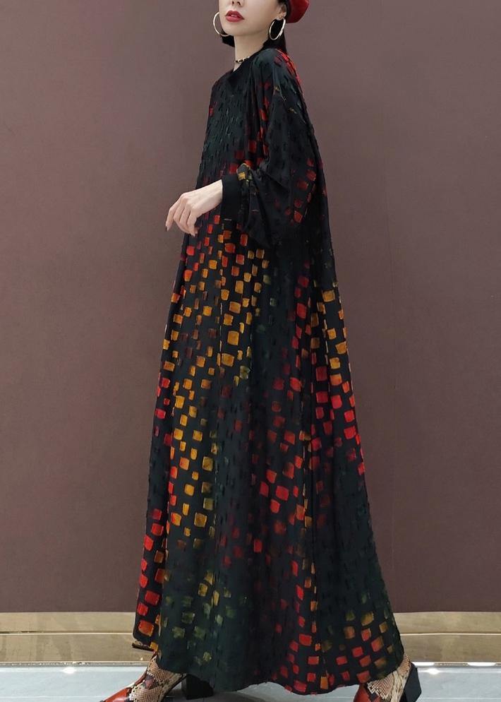 Style Plaid Tunic O Neck Dragon Design Robes Spring Dresses