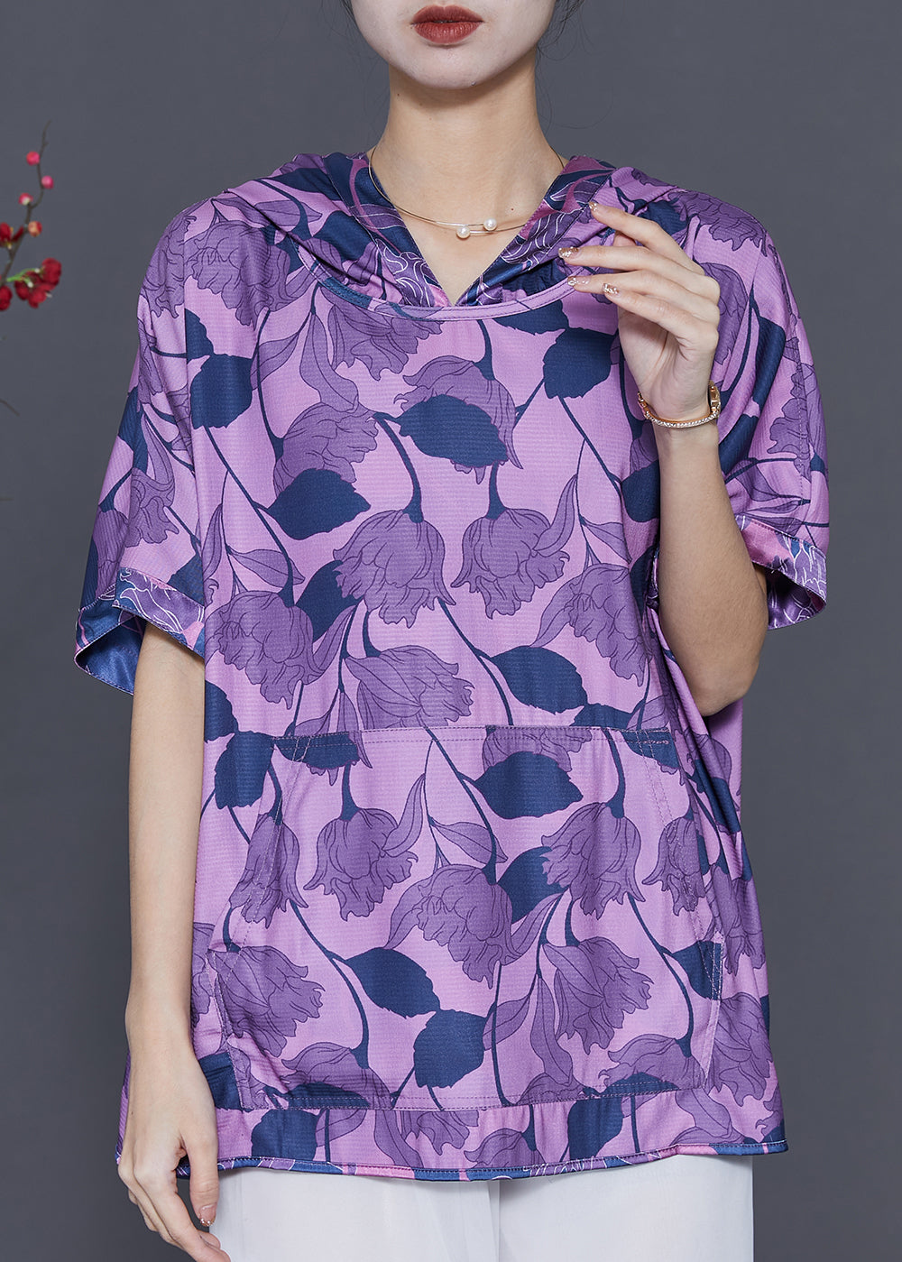 Purple Print Silk Sweatshirts Top Hooded Summer
