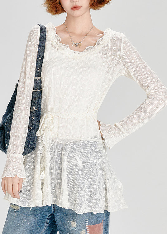 White O Neck Lace Up Lace Top Spring