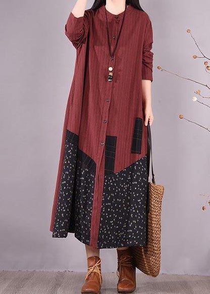 Red Patchwork Print Dress O Neck Pockets Traveling Spring Dresses