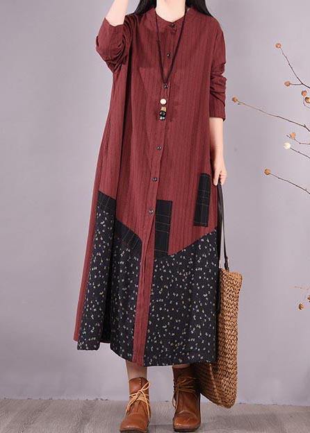 Red Patchwork Print Dress O Neck Pockets Traveling Spring Dresses