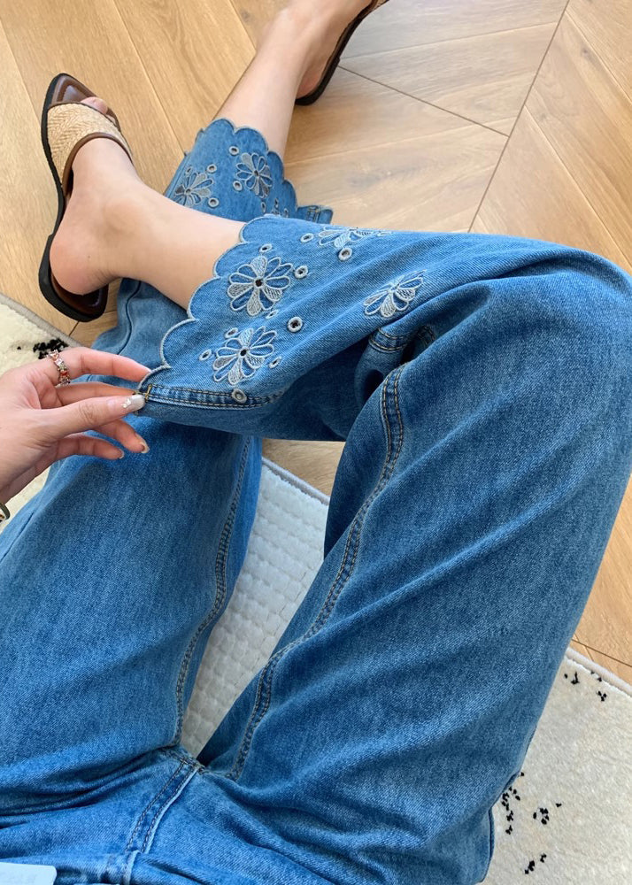 Blue Embroidered Denim Crop Pants Trousers Fall