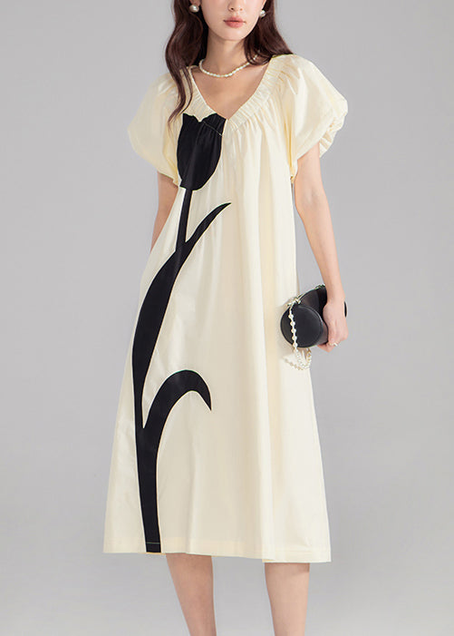 New Beige V Neck Print Cotton Dresses Summer