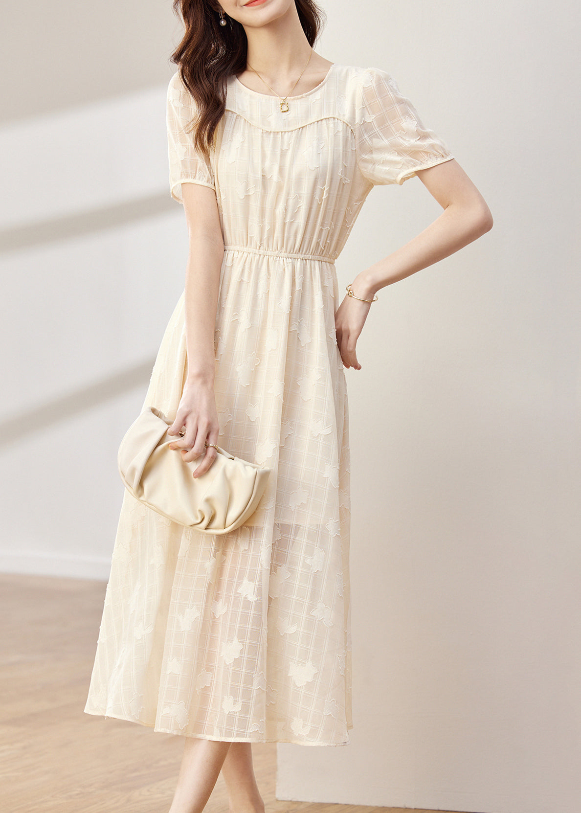 Apricot O-neck Wrinkled Patchwork Chiffon Dress Summer