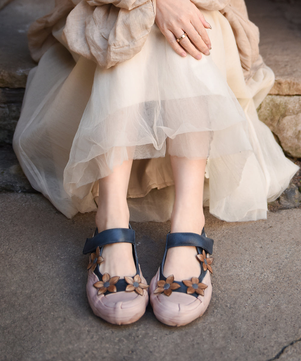 Handmade Blue Cowhide Leather Flat Shoes Buckle Strap