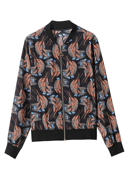 Black Zippered Patchwork Print Silk Jackets Spring