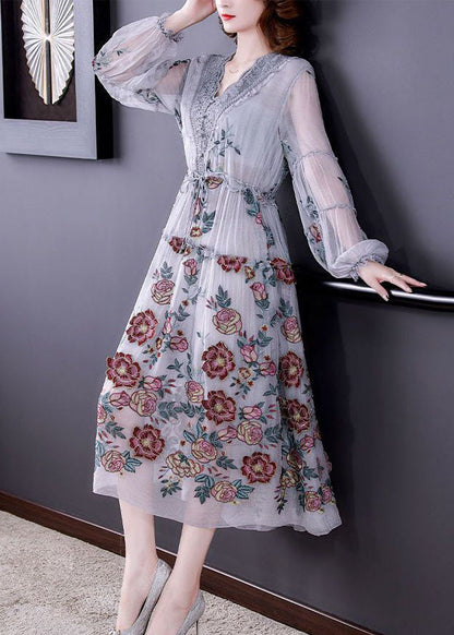 Grey V Neck Patchwork Print Tulle Cinched Dress Spring