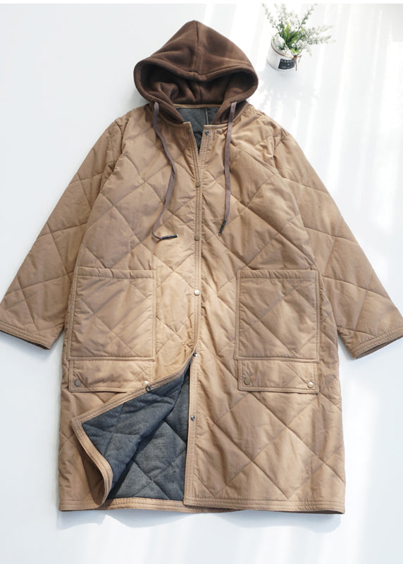 Army Green Pockets Fine Cotton Filled Hooded Coat Fall