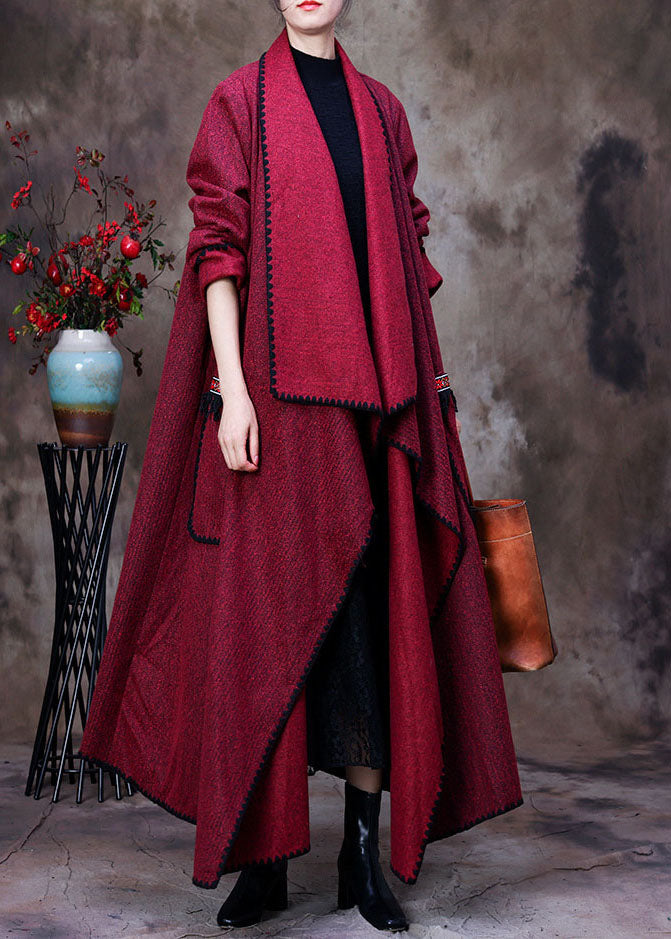 Red Peter Pan Collar Asymmetrical Design Pockets Cashmere Coats Spring