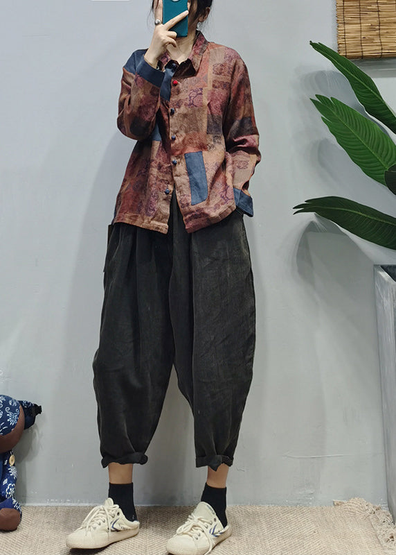 Chocolate Linen Shirt Top Button Peter Pan Collar Long Sleeve