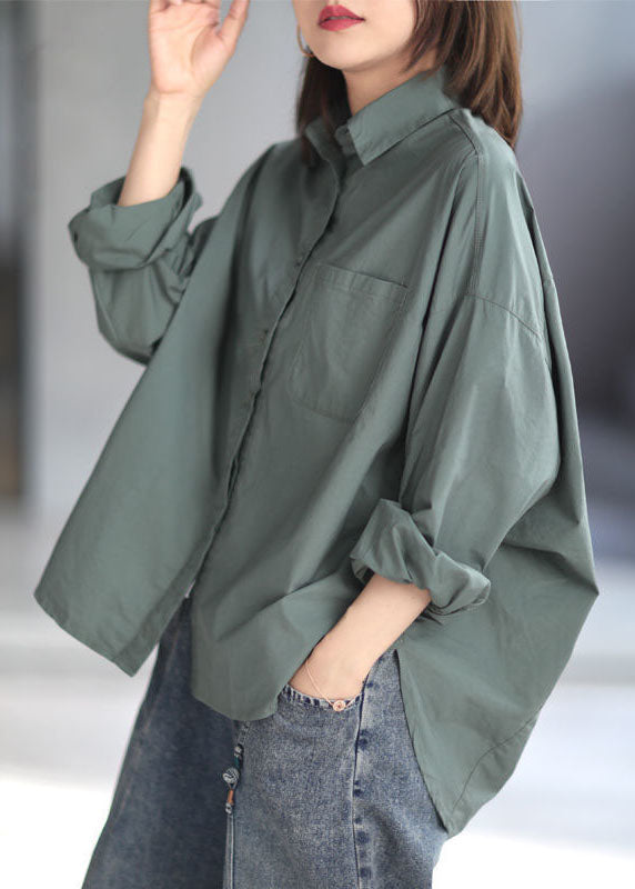 Green Peter Pan Collar Patchwork Cotton Shirt Top Spring