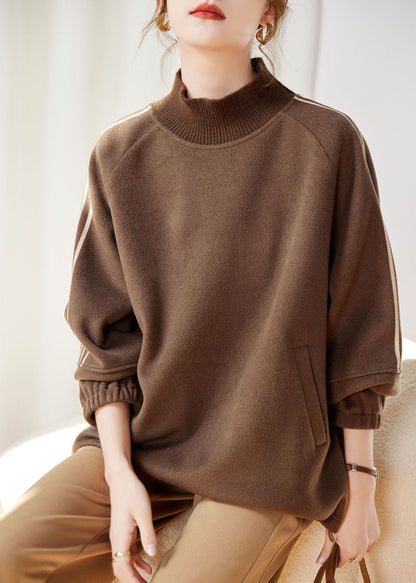 Khaki Striped Patchwork Drawstring Thick Pullover Fall