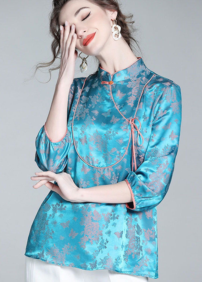 Blue Stand Collar Patchwork Jacquard Silk Blouse Tops Spring