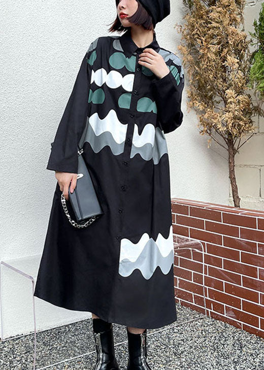 Black Print Button Pockets Fall Shirts Long Sleeve Dress