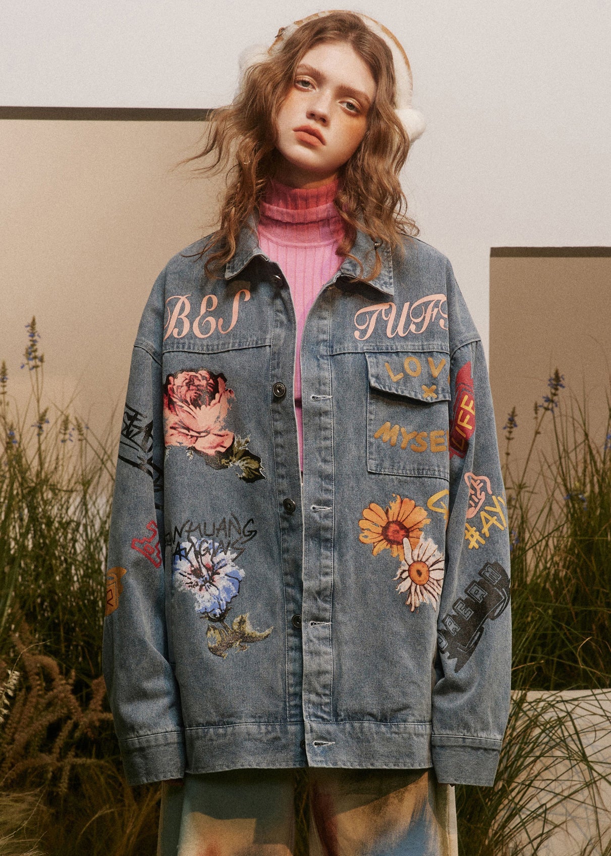 Italian Blue Print Button Patchwork Style Coats Long Sleeve