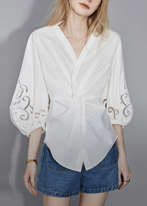 White V Neck Hollow Out Cotton Blouses Bracelet Sleeve