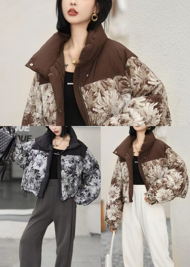 Coffee Print Drawstring Duck Down Puffers Coats Winter