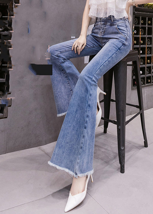 Blue High Waist Button Long Jeans Spring