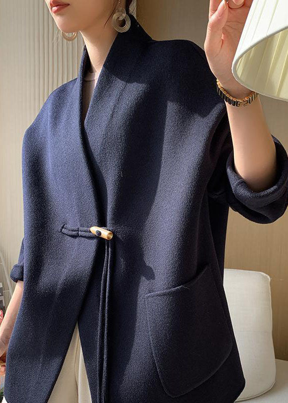 Italian Navy Oversized Pockets Tassel Woolen Coat Winter
