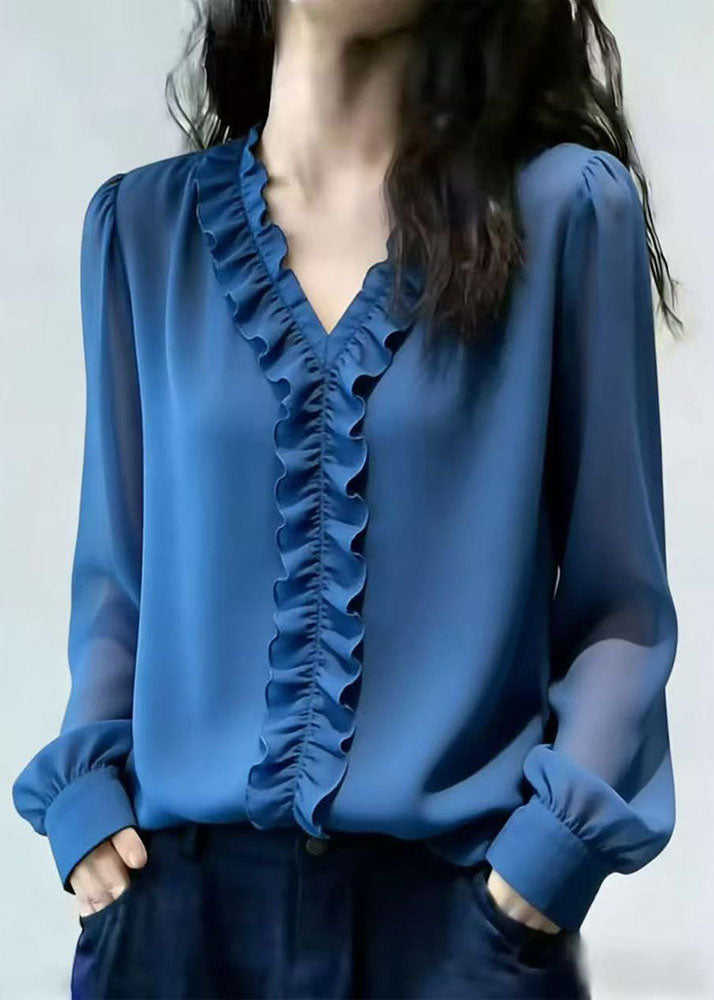 Italian Blue Ruffled Patchwork Chiffon Tops Spring