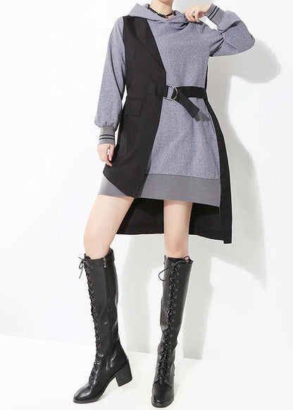Style Grey Low High Design Tie Waist Hooded Patchwork Dresses Spring