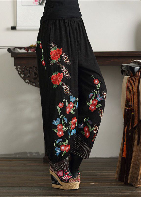Black Embroideried Elastic Waist Pockets Cotton Lantern Pants Spring