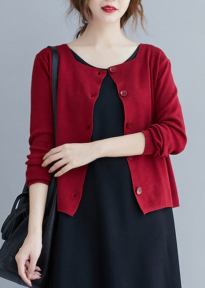 Red O Neck Button Patchwork Knitting Cotton Cardigan Fall