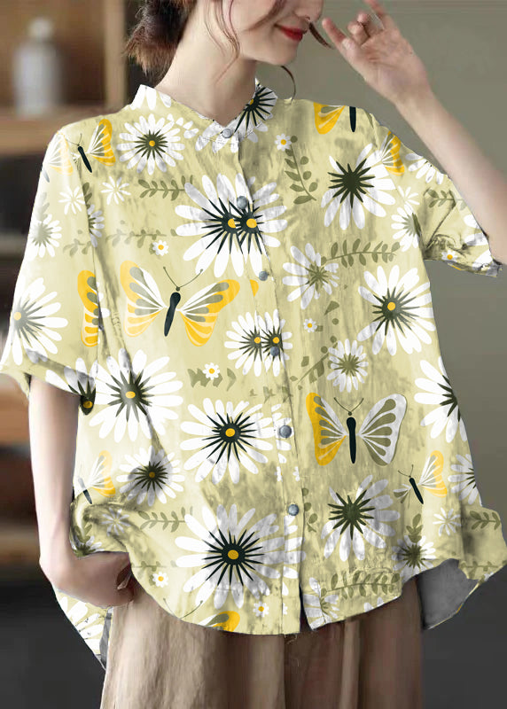 Blue Polka Dots Print Cotton Shirts Low High Design Short Sleeve