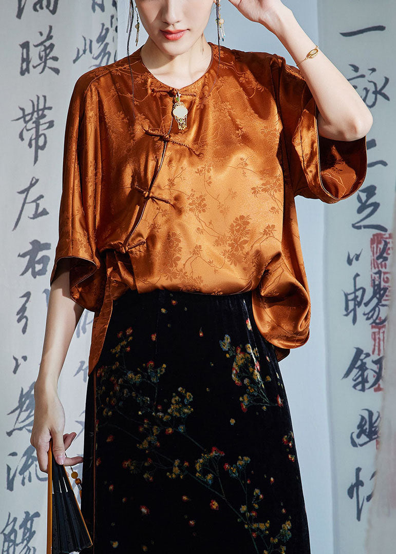 Caramel O-neck Oriental Button Side Open Jacquard Silk Shirt Half Sleeve
