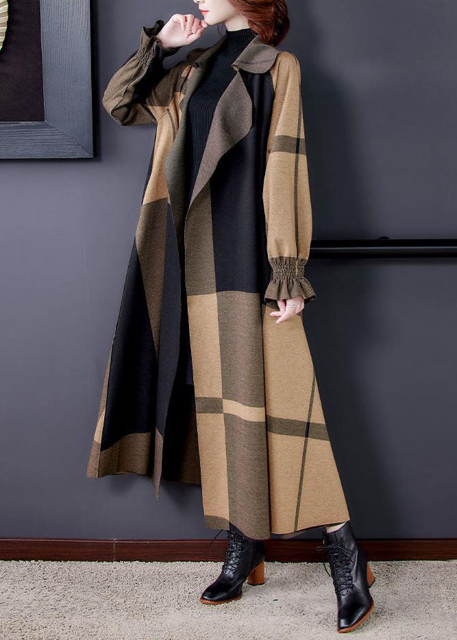 Khaki Peter Pan Collar Pockets Plaid Spandex Coat Outwear Long Sleeve