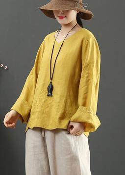 Yellow Clothes V Neck Embroidery Dresses Spring Blouse