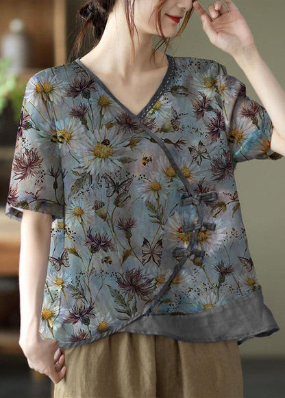 Simple Purple Print Ramie Oriental Summer Tops