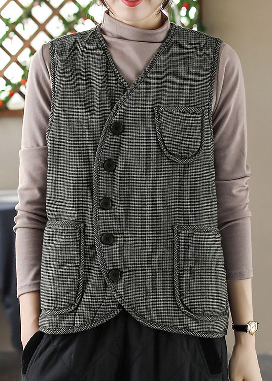Black V Neck Plaid Pockets Fine Cotton Filled Vest Sleeveless