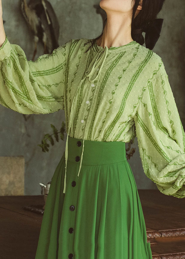 Green Embroideried Lace Up Cotton Shirt Top Spring