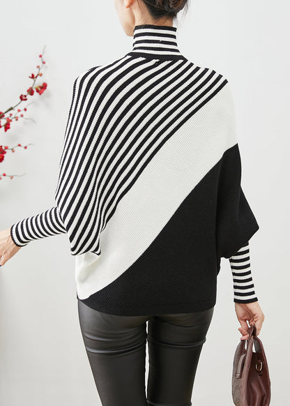 Black Oversized Striped Knit Sweater Batwing Sleeve