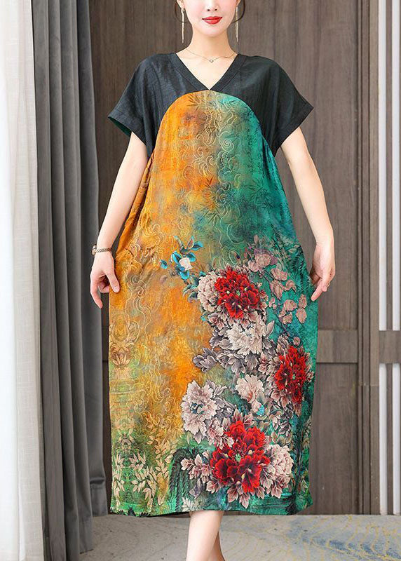 Colorblock V Neck Patchwork Silk Dress Summer