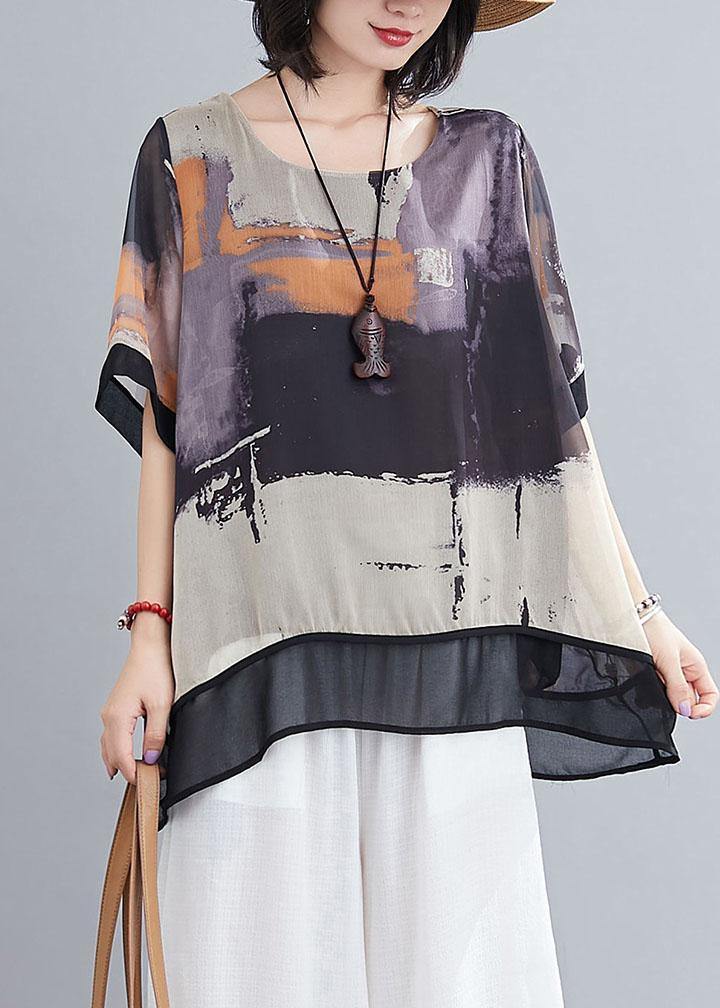 Diy Purple Print Chiffon Tops White Wide Leg Summer Two Pieces Set