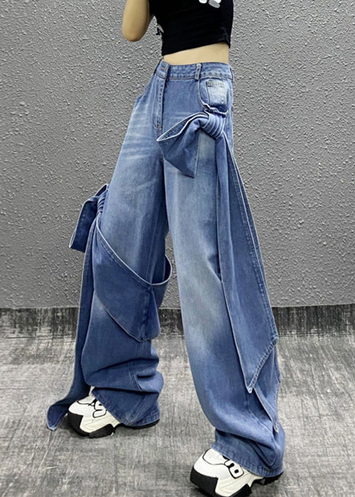 Blue Bow Pockets High Waist Denim Pants Summer